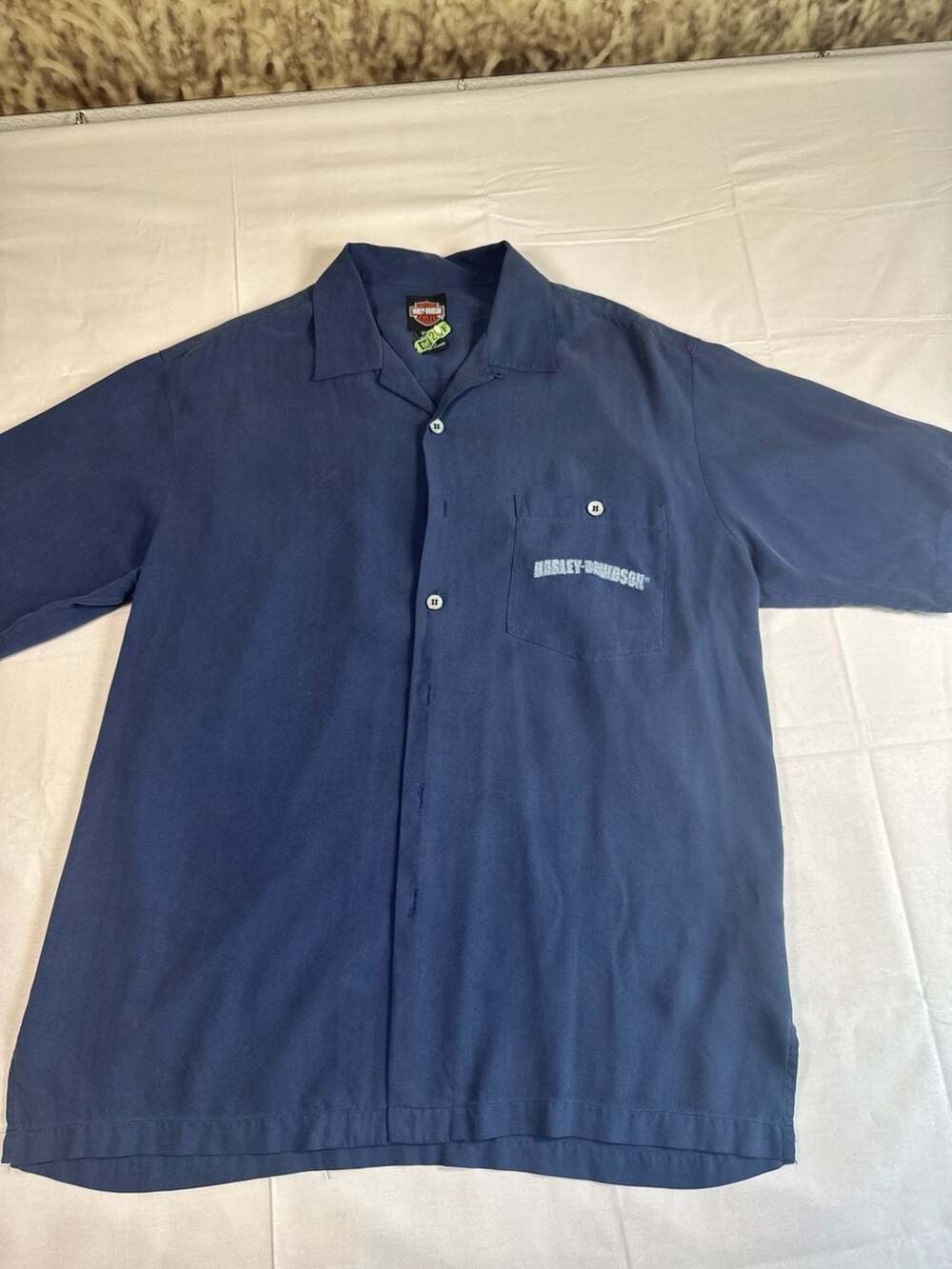 Harley-Davidson x Tori Richard Blue Herringbone Silk Camp Shirt Size M